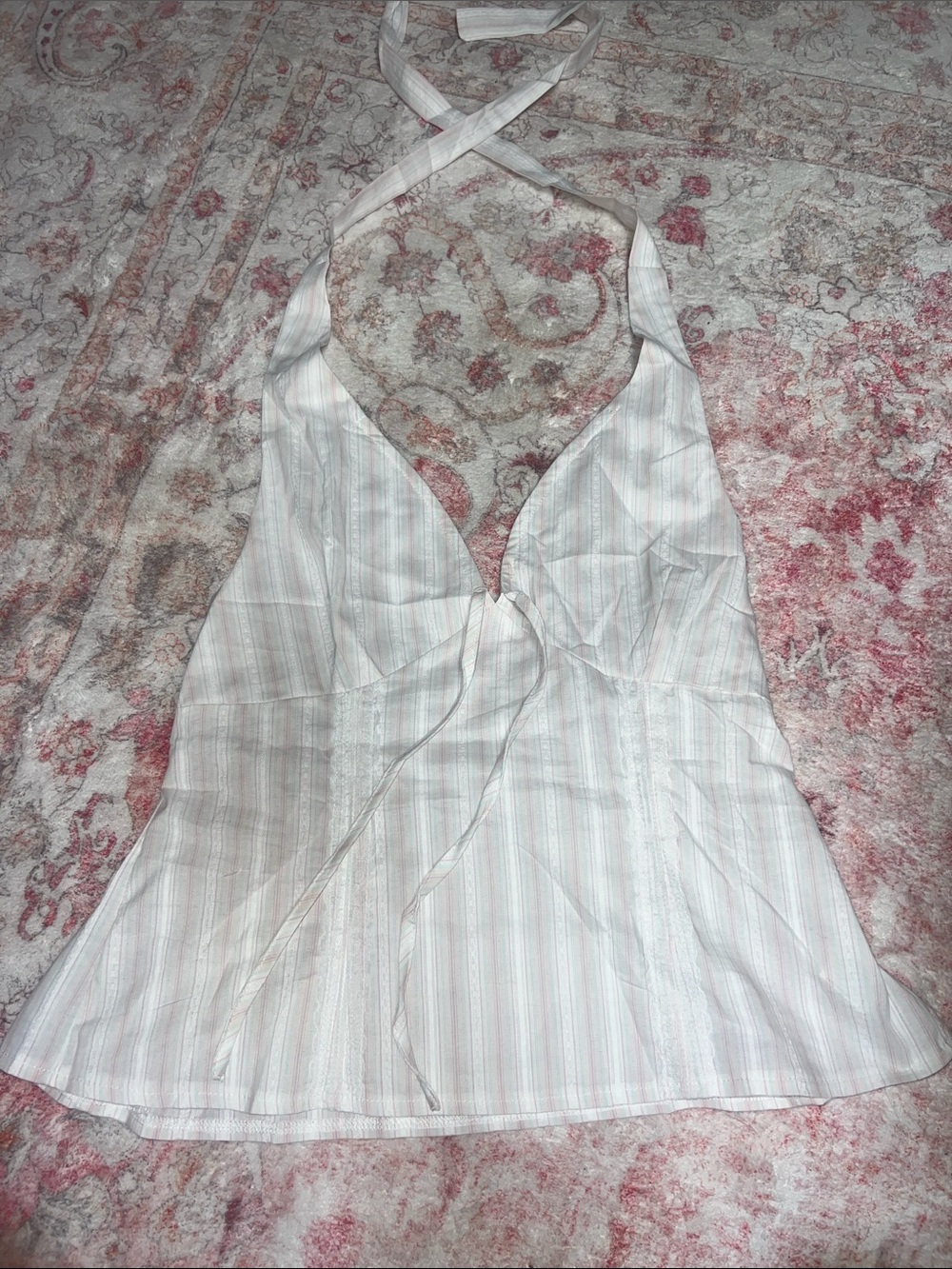 Amazon White Halter Tie-Front Pastel Striped Top